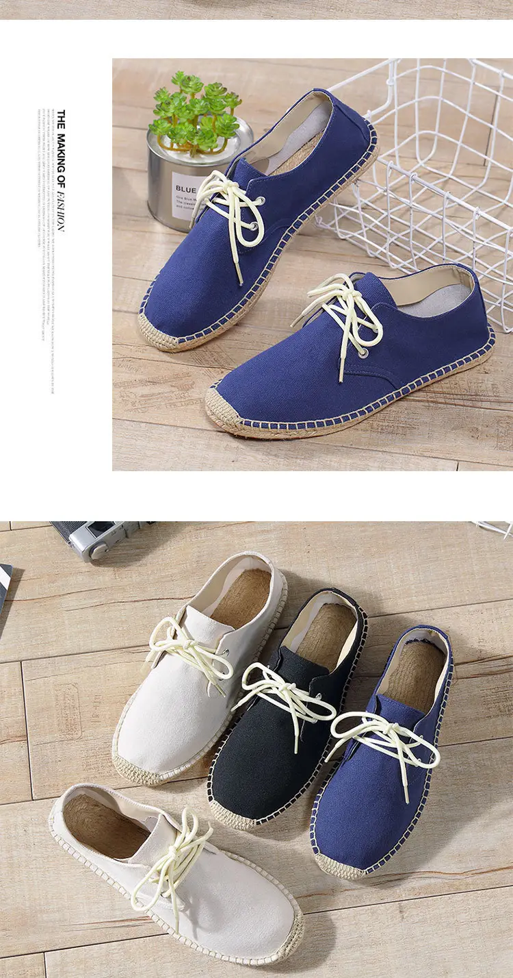New skewed toe hemp rope shoes men's lace-up straw shoes sweat-absorbent breathable hand-stitched shoes slip-on loafers cloth shoes — feature 17