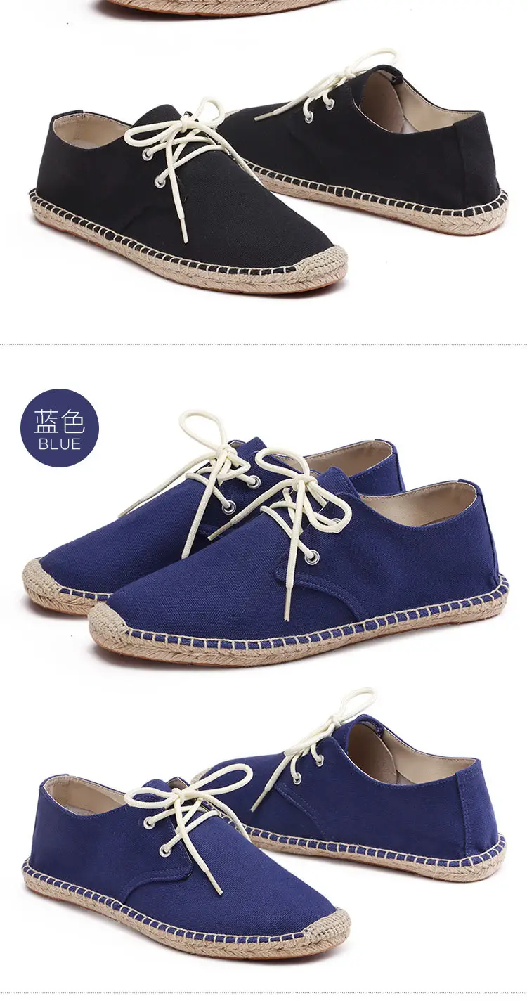 New skewed toe hemp rope shoes men's lace-up straw shoes sweat-absorbent breathable hand-stitched shoes slip-on loafers cloth shoes — feature 19