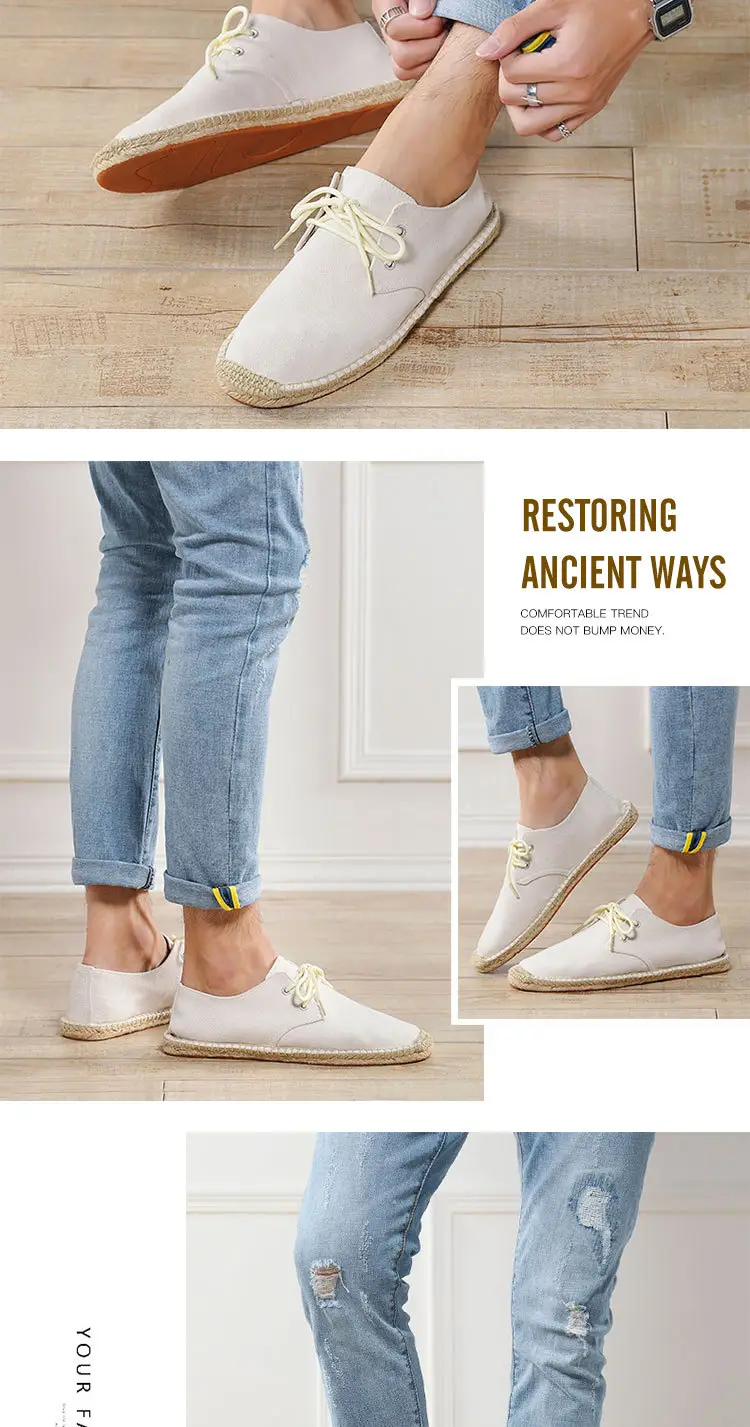 New skewed toe hemp rope shoes men's lace-up straw shoes sweat-absorbent breathable hand-stitched shoes slip-on loafers cloth shoes — feature 5