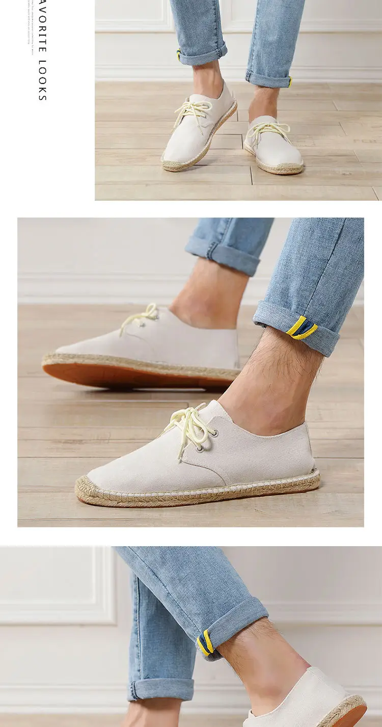 New skewed toe hemp rope shoes men's lace-up straw shoes sweat-absorbent breathable hand-stitched shoes slip-on loafers cloth shoes — feature 6