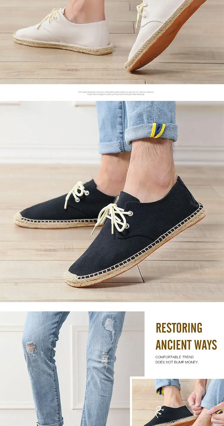 New skewed toe hemp rope shoes men's lace-up straw shoes sweat-absorbent breathable hand-stitched shoes slip-on loafers cloth shoes — feature 7