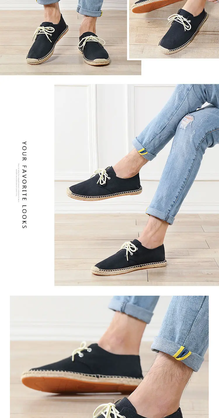 New skewed toe hemp rope shoes men's lace-up straw shoes sweat-absorbent breathable hand-stitched shoes slip-on loafers cloth shoes — feature 8