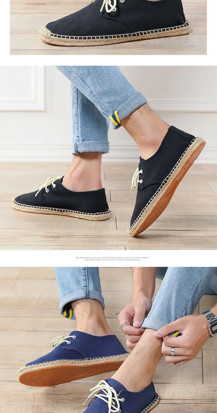 New skewed toe hemp rope shoes men's lace-up straw shoes sweat-absorbent breathable hand-stitched shoes slip-on loafers cloth shoes — feature 9