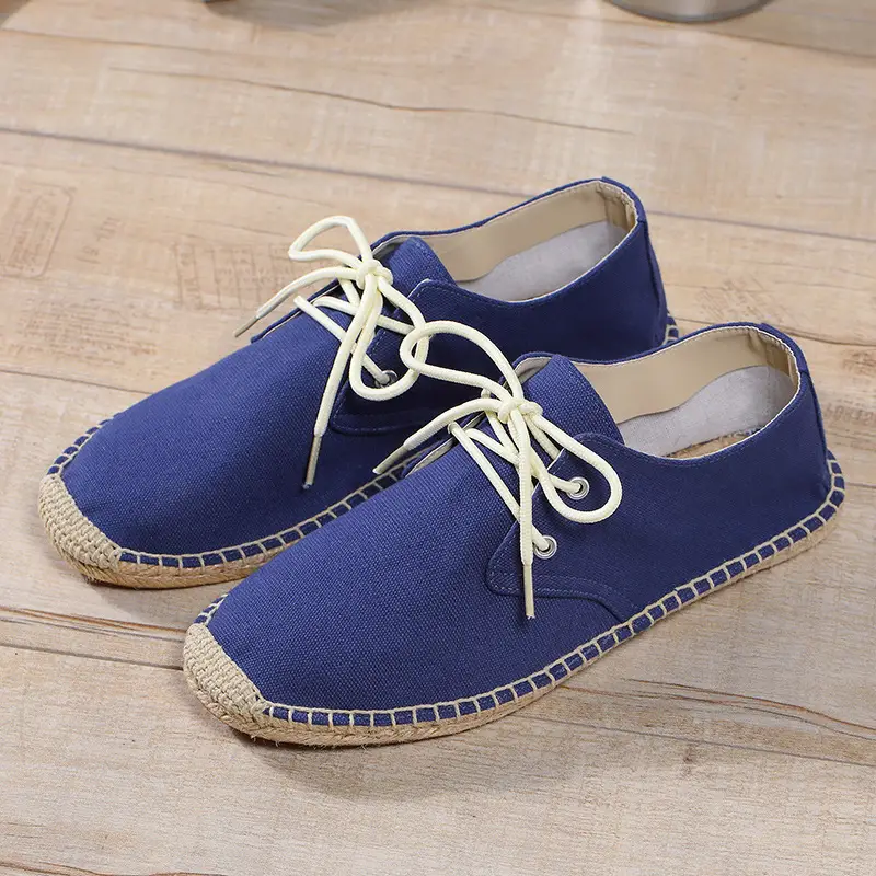 New skewed toe hemp rope shoes men's lace-up straw shoes sweat-absorbent breathable hand-stitched shoes slip-on loafers cloth shoes