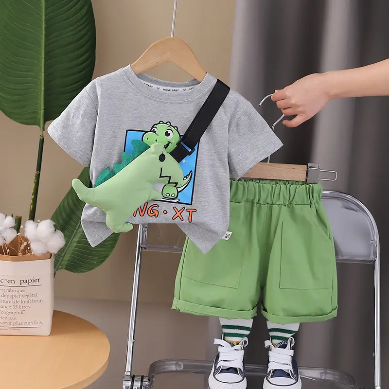 Children Cotton T-Shirt Shorts Set Green Summer Boys