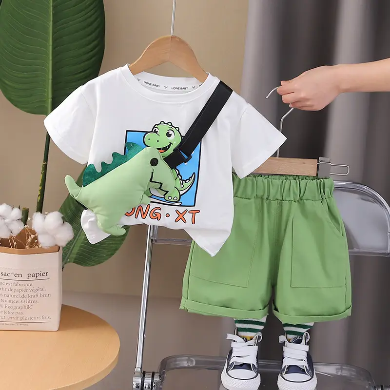Children Cotton T-Shirt Shorts Set Green Summer Boys