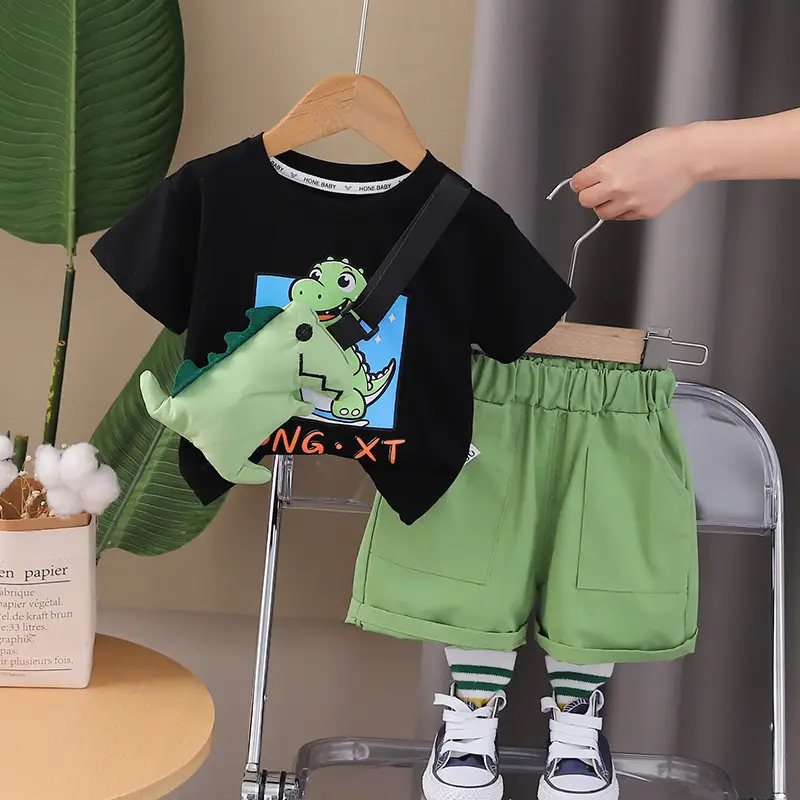 Children Cotton T-Shirt Shorts Set Green Summer Boys
