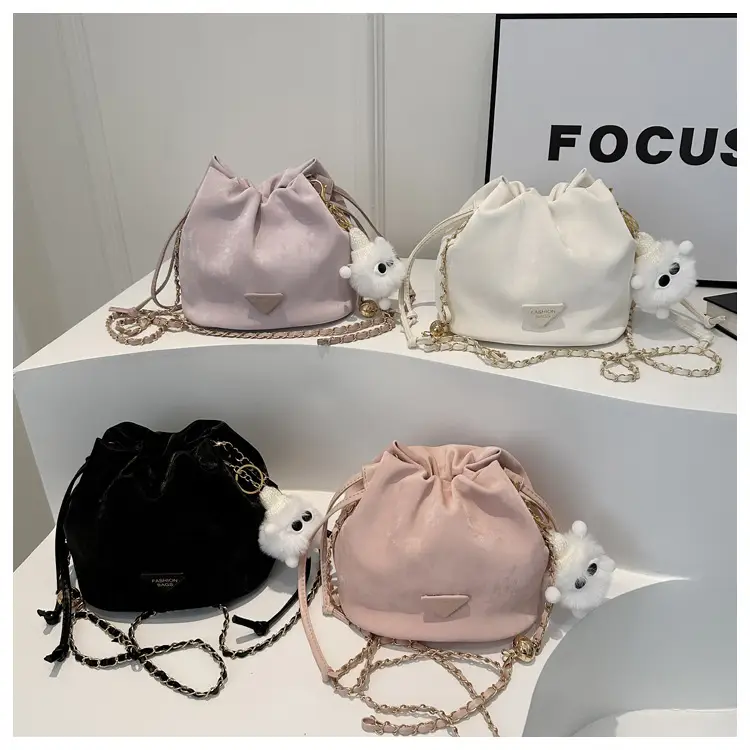 Pink Soft PU Drawstring Bucket Bag for Women - Image 6