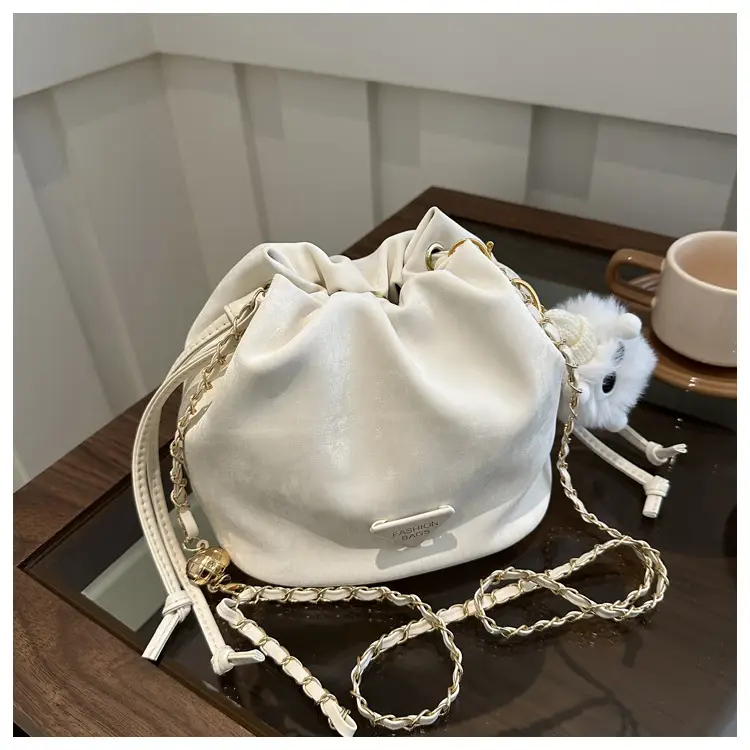Pink Soft PU Drawstring Bucket Bag for Women - Image 7