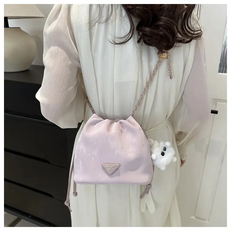 Pink Soft PU Drawstring Bucket Bag for Women - Image 9