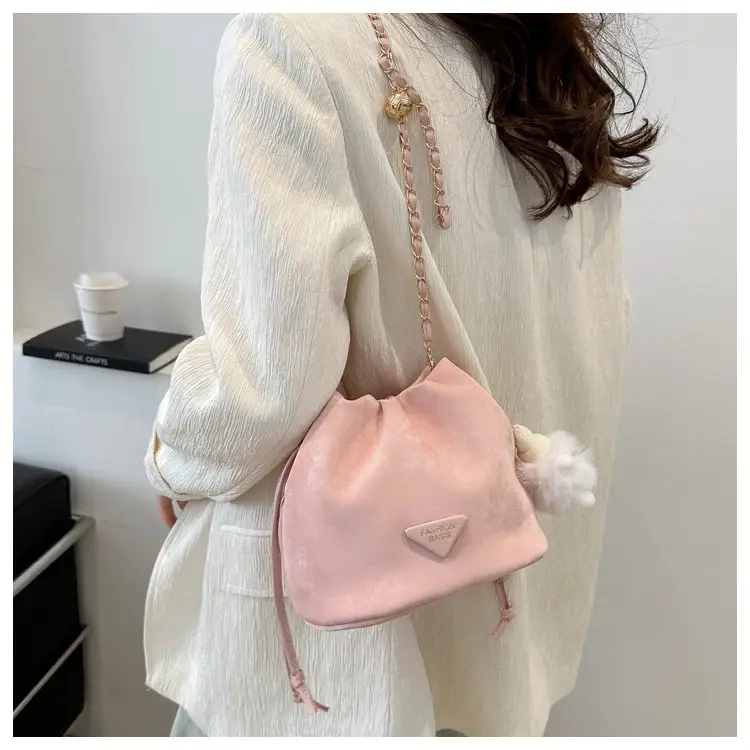 Pink Soft PU Drawstring Bucket Bag for Women — feature 18