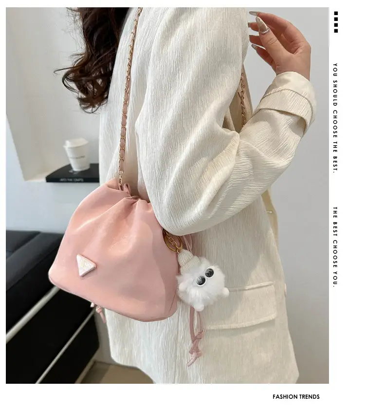 Pink Soft PU Drawstring Bucket Bag for Women — feature 2