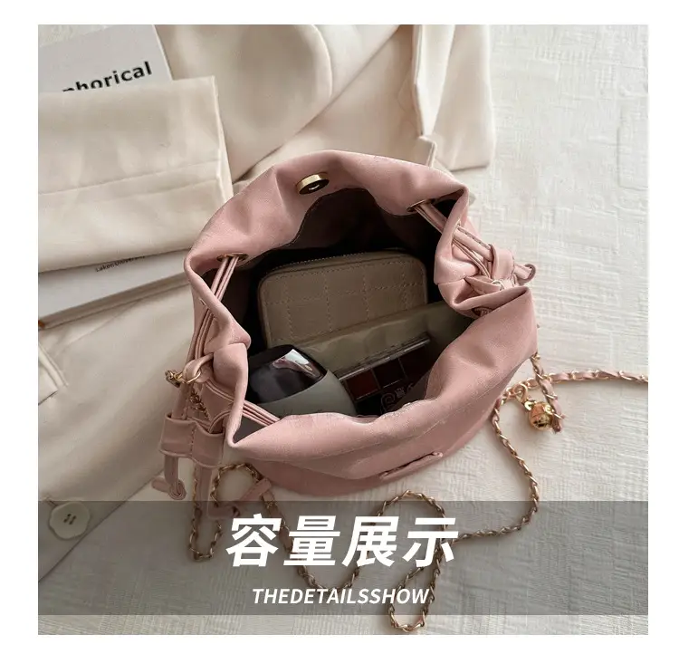 Pink Soft PU Drawstring Bucket Bag for Women — feature 8