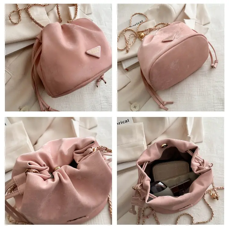 Pink Soft PU Drawstring Bucket Bag for Women — feature 9