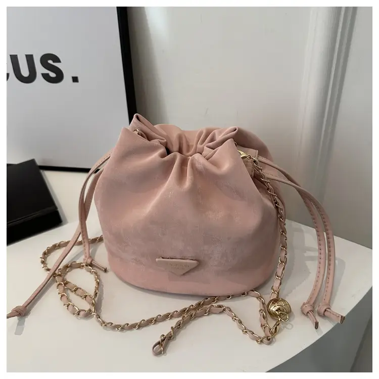 Pink Soft PU Drawstring Bucket Bag for Women - Image 3