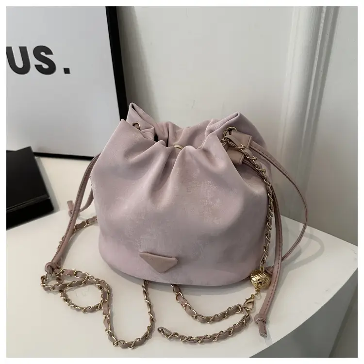 Pink Soft PU Drawstring Bucket Bag for Women - Image 4