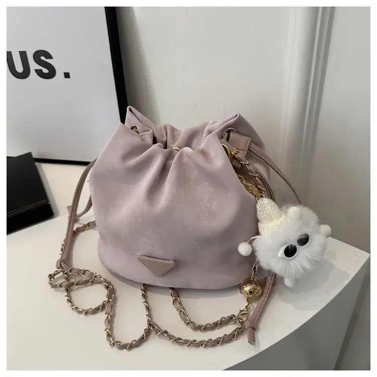 Pink Soft PU Drawstring Bucket Bag for Women - Image 5