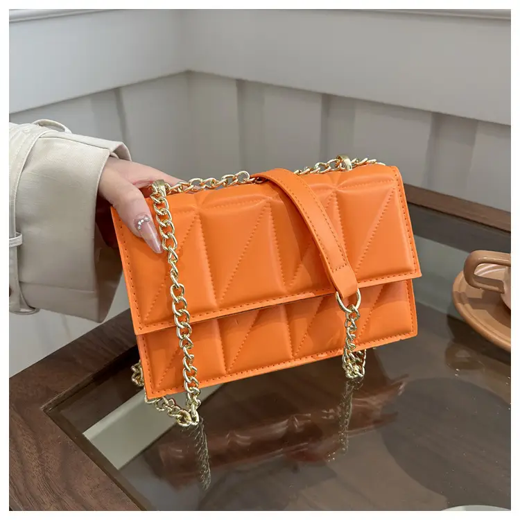 Orange Quilted Chain Shoulder Bag for Women - Image 9