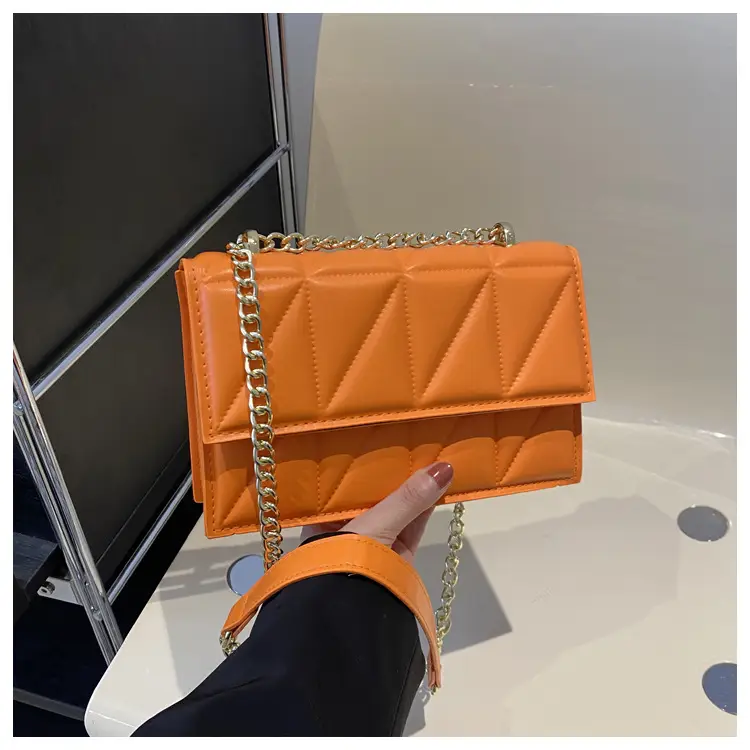 Orange Quilted Chain Shoulder Bag for Women - Image 8