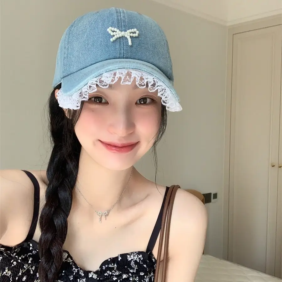 Pearl Bow Lace Edge Pearl Bow Denim Cap - Image 4