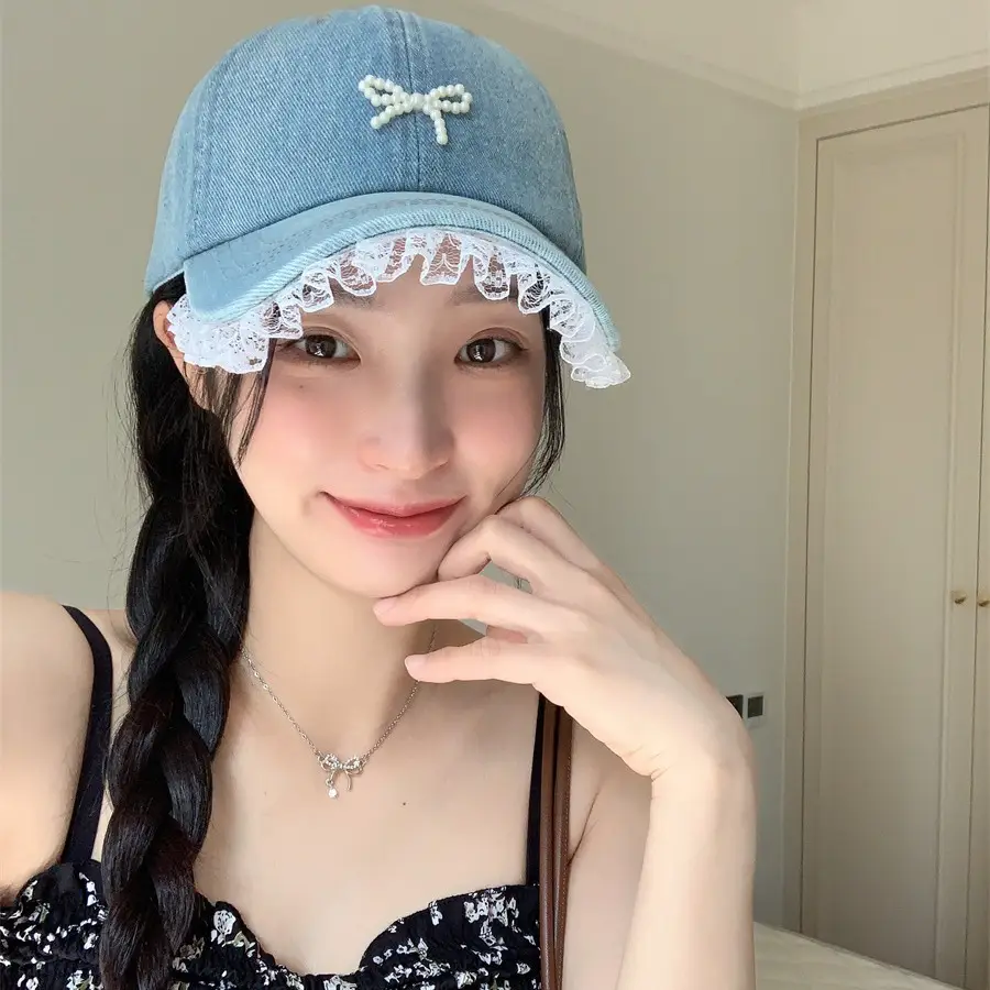 Pearl Bow Lace Edge Pearl Bow Denim Cap - Image 5