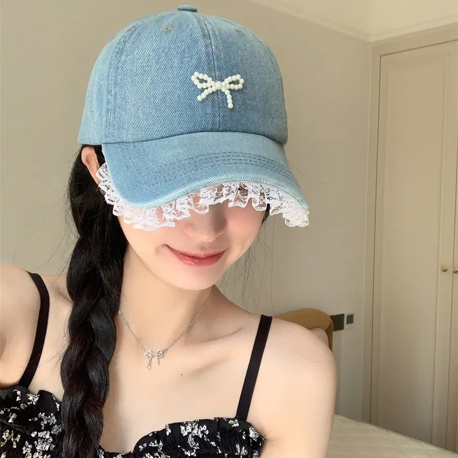 Pearl Bow Lace Edge Pearl Bow Denim Cap - Image 6