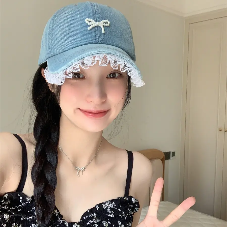 Pearl Bow Lace Edge Pearl Bow Denim Cap - Image 7