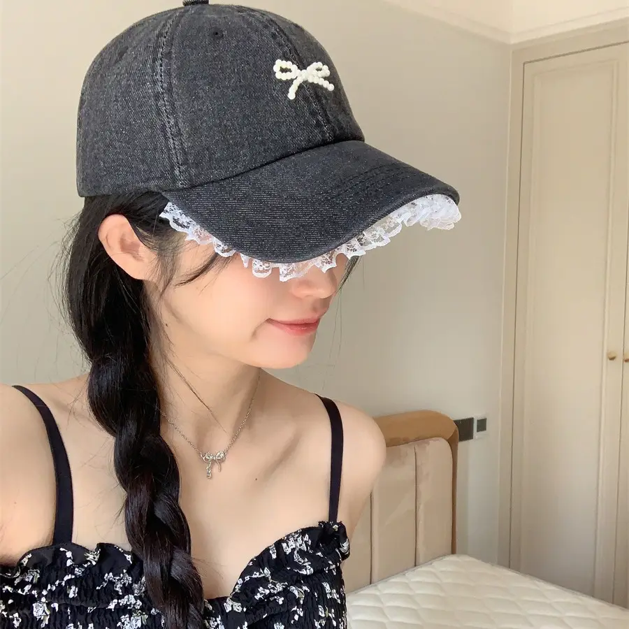 Pearl Bow Lace Edge Pearl Bow Denim Cap - Image 8