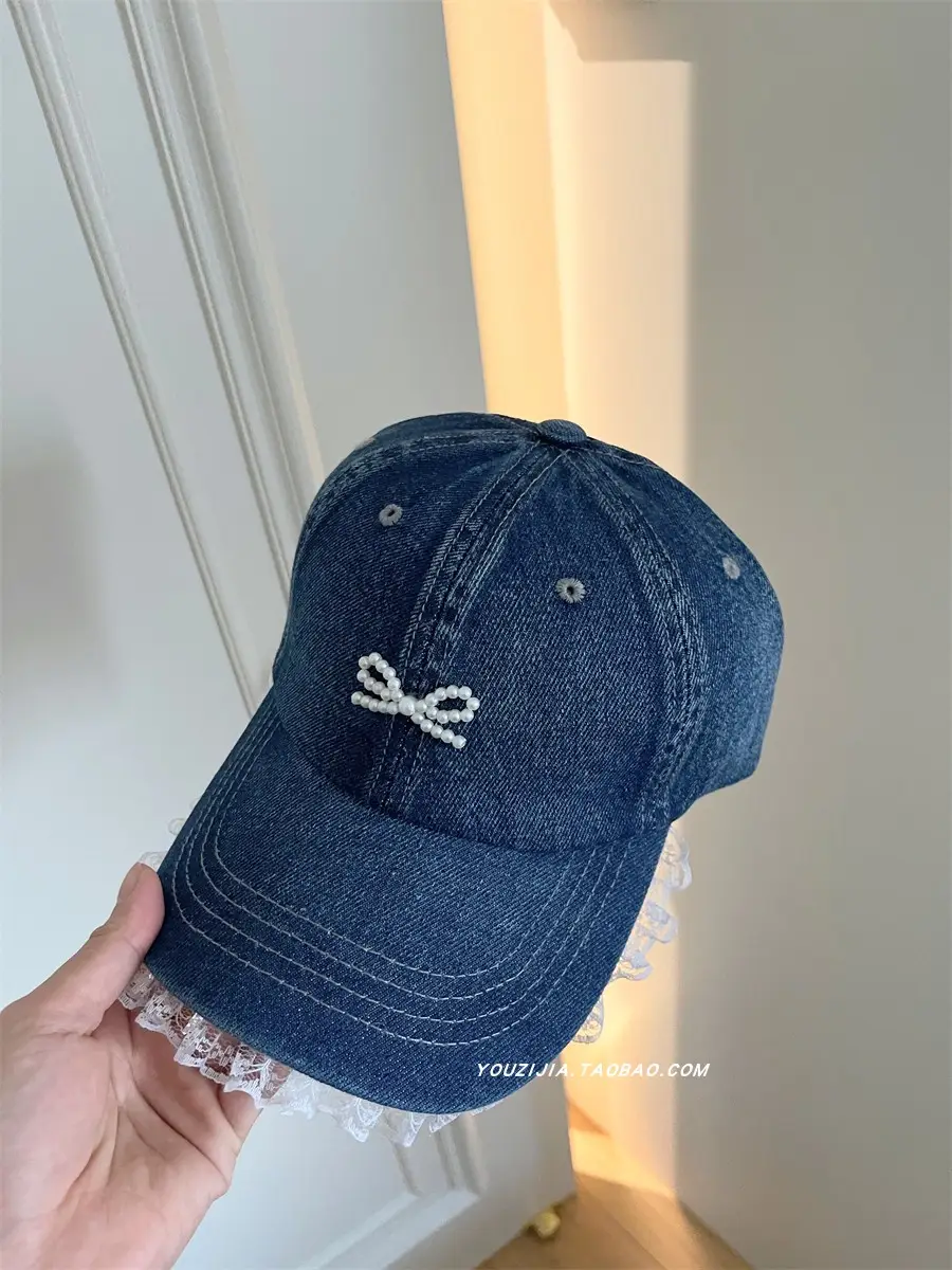 Pearl Bow Lace Edge Pearl Bow Denim Cap - Image 2