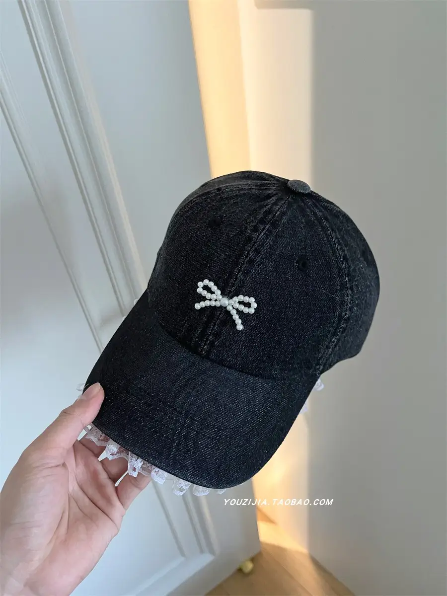 Pearl Bow Lace Edge Pearl Bow Denim Cap - Image 3