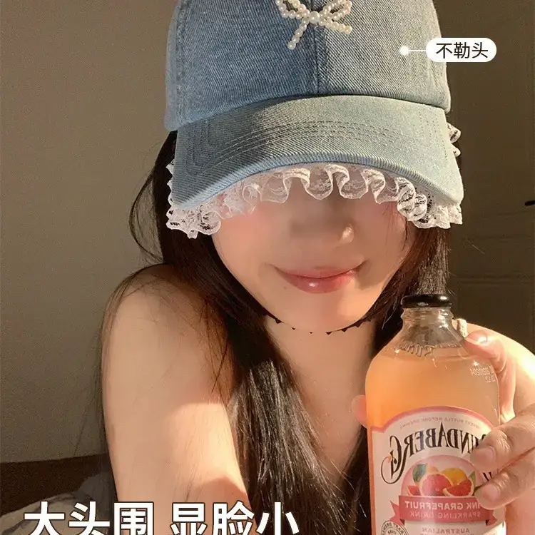 Women Denim Baseball Cap with Pearl Bow - Image 5