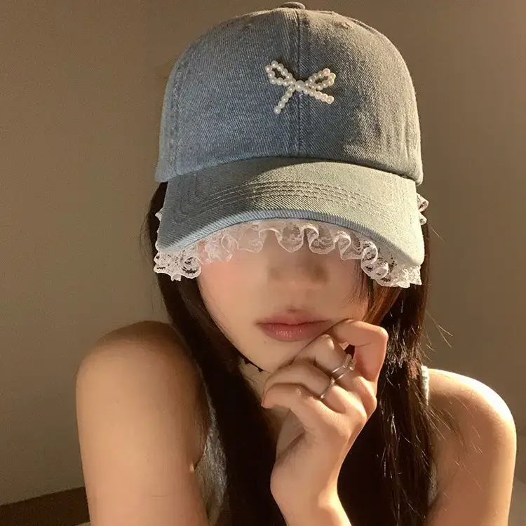 Women Denim Baseball Cap with Pearl Bow - Image 6