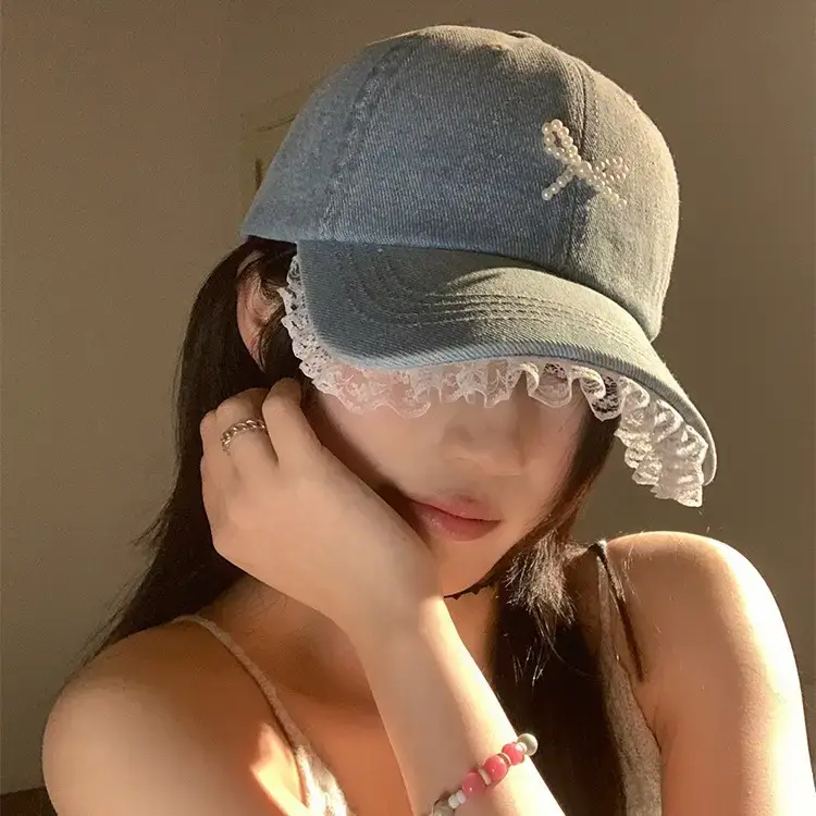 Women Denim Baseball Cap with Pearl Bow - Image 7