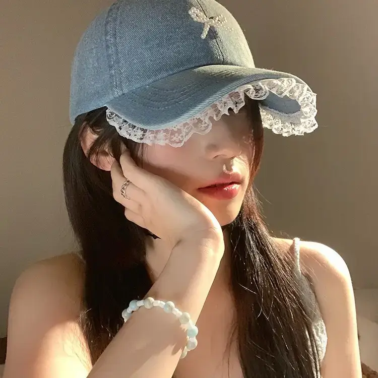 Women Denim Baseball Cap with Pearl Bow - Image 9