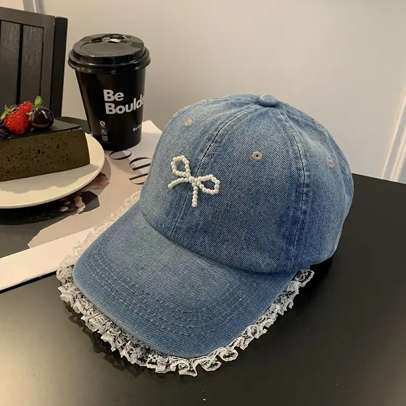 Women Denim Baseball Cap with Pearl Bow - Image 2