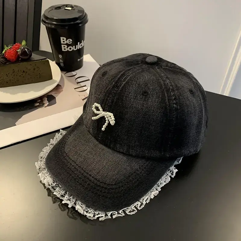 Women Denim Baseball Cap with Pearl Bow - Image 3