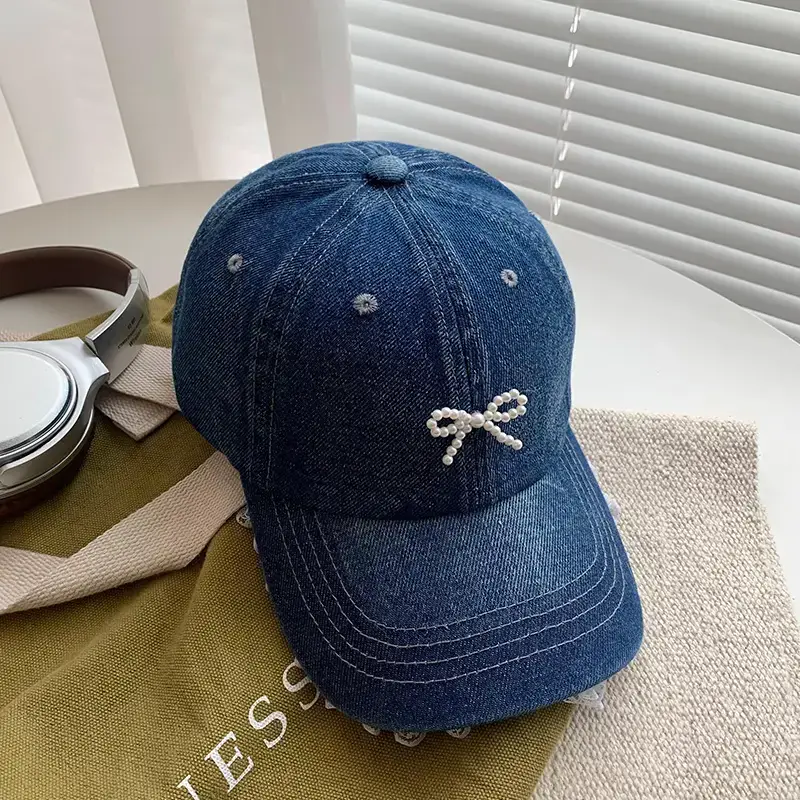 Women Denim Baseball Cap with Pearl Bow - Image 4