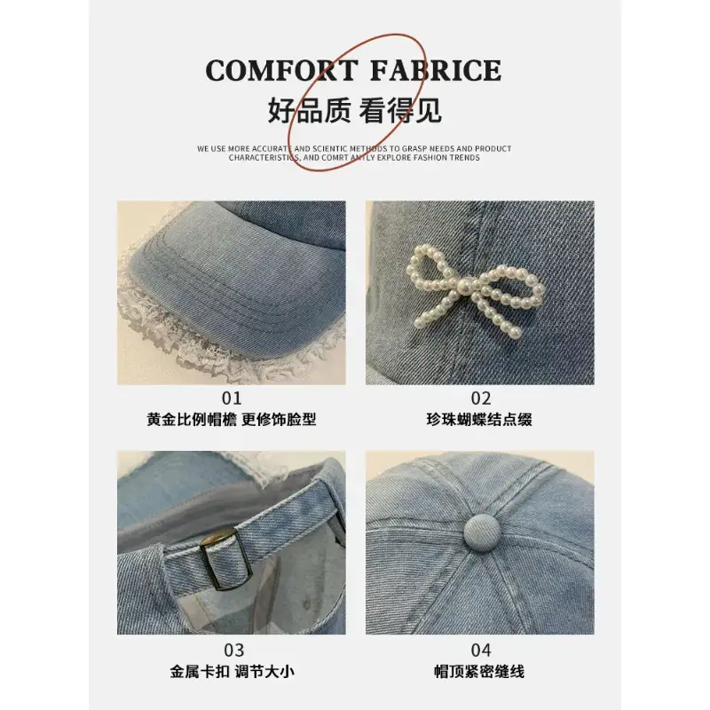 Women Blue Pearl Bow Denim Baseball Cap - Image 8