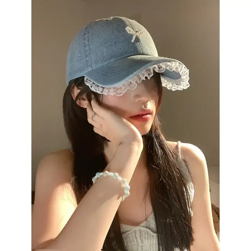 Women Blue Pearl Bow Denim Baseball Cap - Image 9