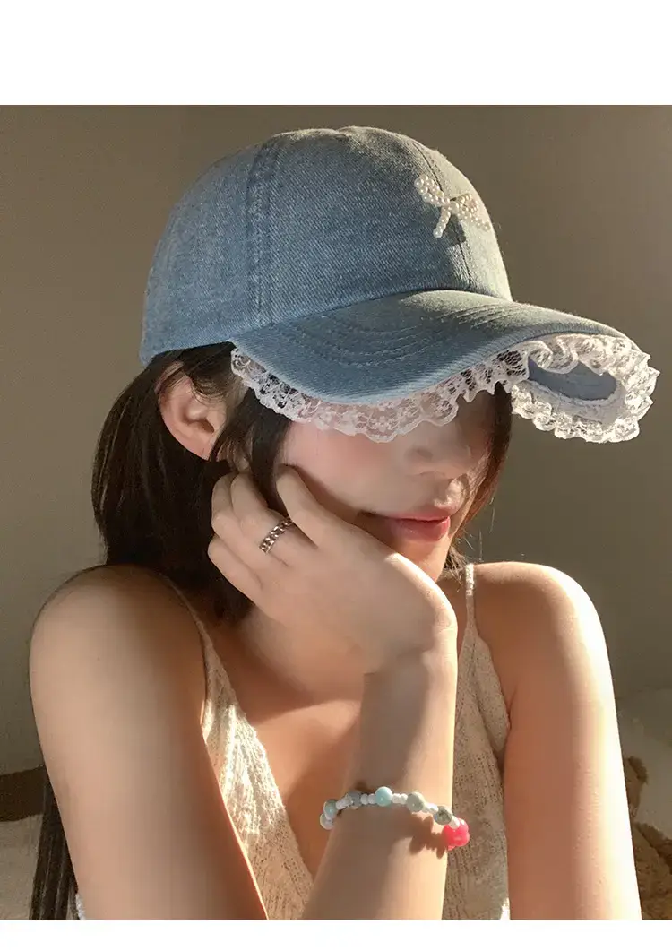 Women Blue Pearl Bow Denim Baseball Cap — feature 7