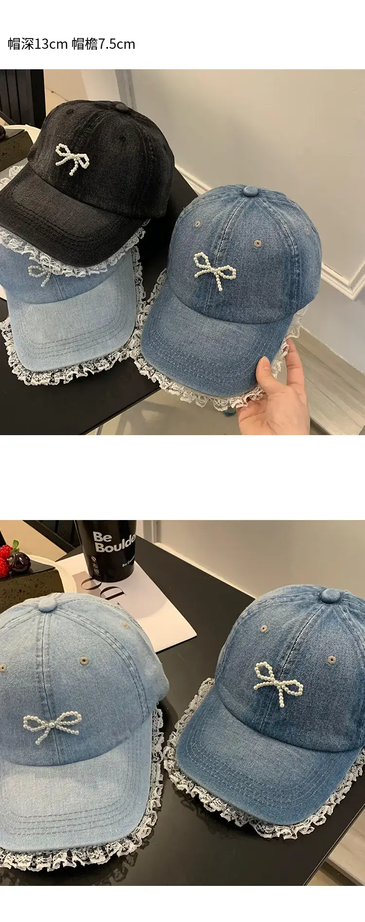 Women Blue Pearl Bow Denim Baseball Cap — feature 8