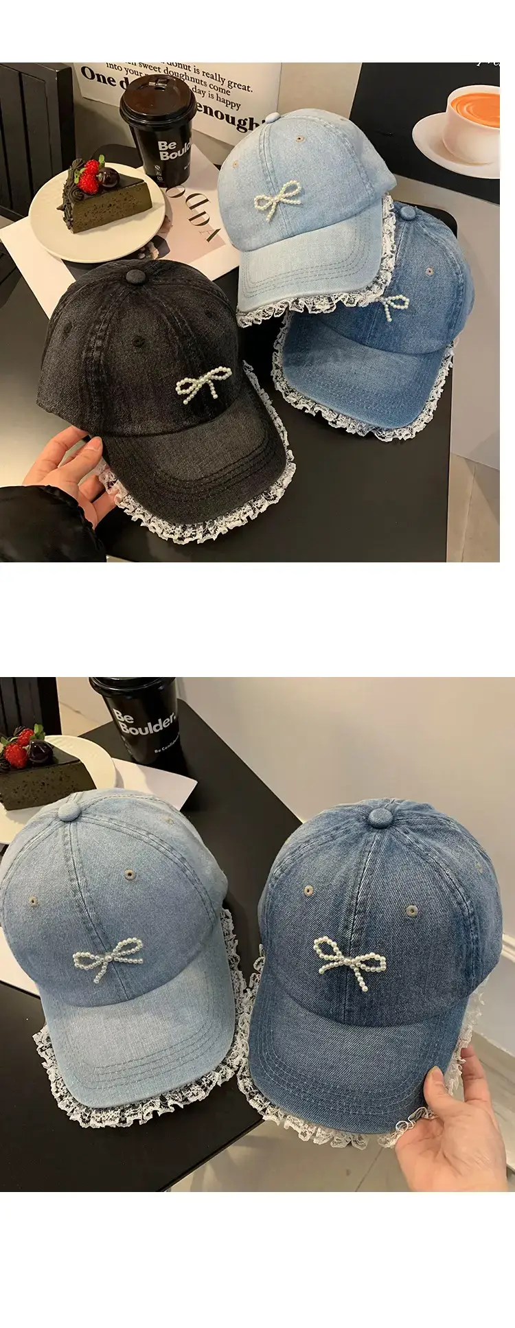 Women Blue Pearl Bow Denim Baseball Cap — feature 9