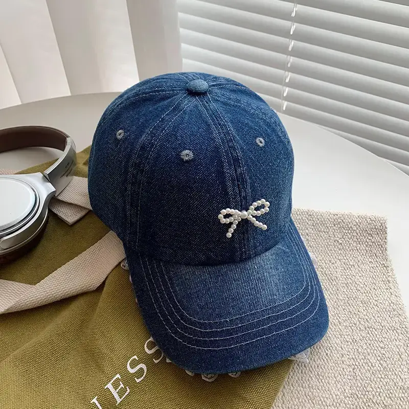 Women Blue Pearl Bow Denim Baseball Cap - Image 4