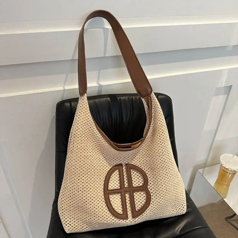 Straw One Shoulder Tote Bag with Logo for Women - Image 5