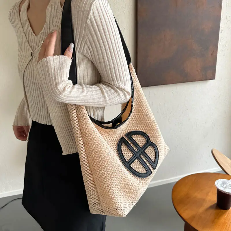 Straw One Shoulder Tote Bag with Logo for Women - Image 6