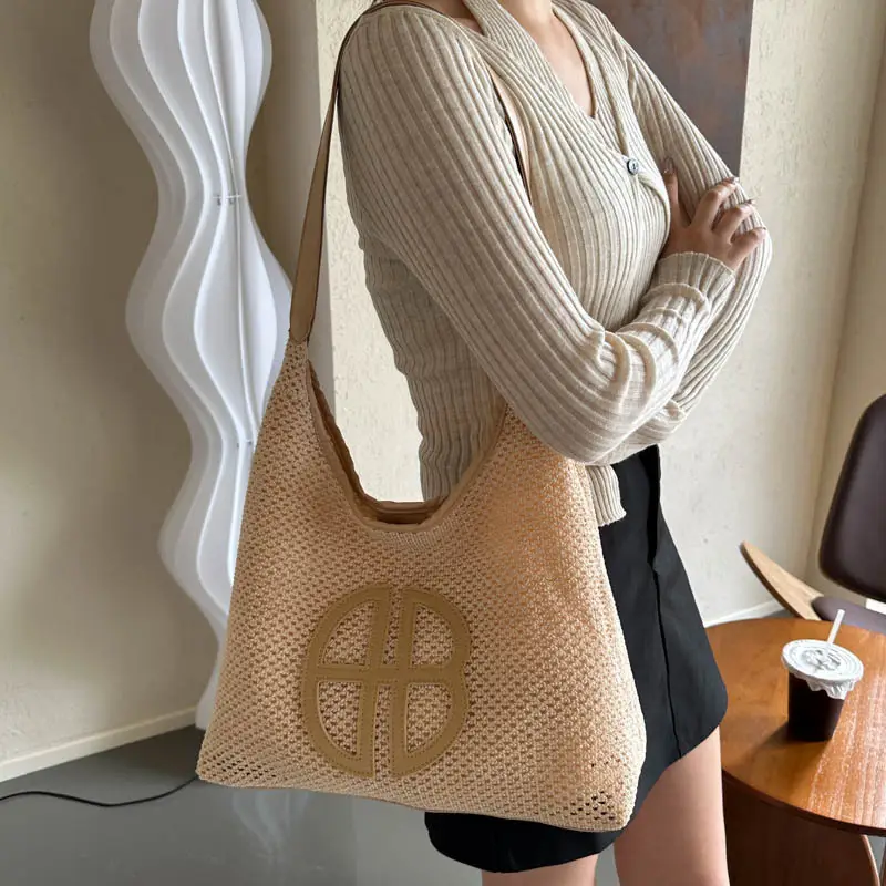Straw One Shoulder Tote Bag with Logo for Women - Image 7
