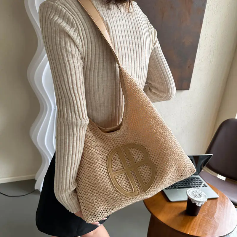 Straw One Shoulder Tote Bag with Logo for Women - Image 8