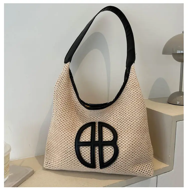 Straw One Shoulder Tote Bag with Logo for Women - Image 2