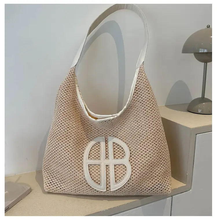 Straw One Shoulder Tote Bag with Logo for Women - Image 4