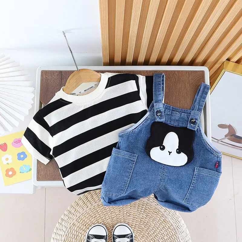 2024 Boys Summer Striped T-Shirt & Denim Shorts Set - Image 4